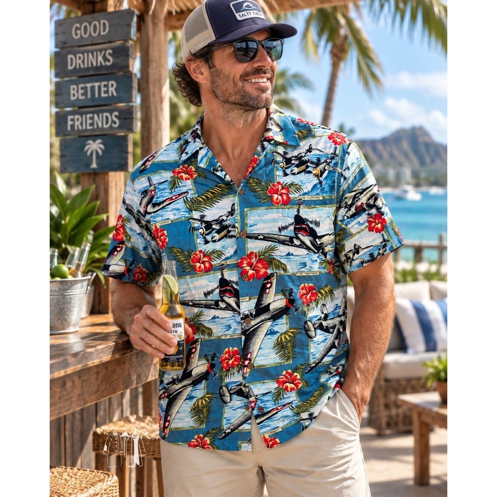 Kalaheo Hawaiian Shirt Mens L Blue Vintage 90s WWII Plane P40 Shark Mouth USA